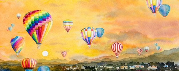 Watercolor landscape painting colorful of hot air balloon on village, mountain in the Panorama view and sky sunset.