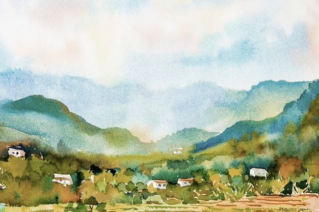 Watercolor landscape painting of a colorful Village and rice fields in the mountain.