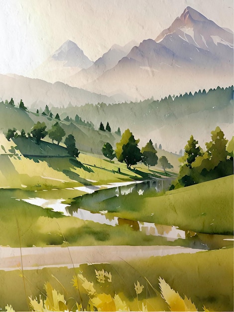 Watercolor landscape Painting Retro Illustration Reproduction