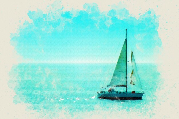 Watercolor landscape painting sketch effect of a sailing boat in blue waters