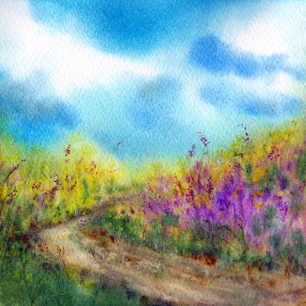 Watercolor landscape Painting with road grass sky flowers Interior art with summer landscape