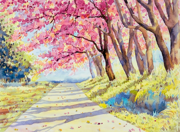 Watercolor landscape pink red color of wild himalayan cherry