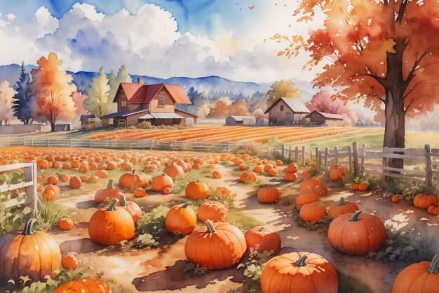 watercolor landscape of pumpkin field house farm autumn harvest season