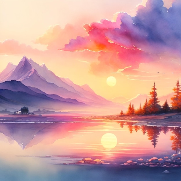 watercolor landscape scenery with sunset