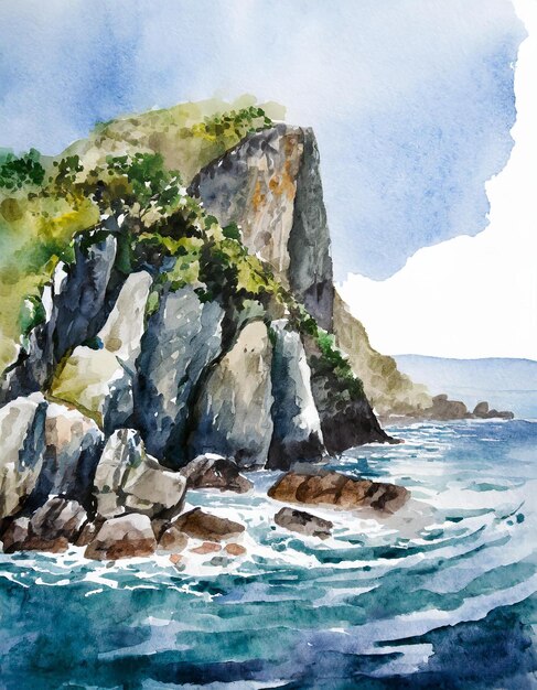 Watercolor landscape seashore rocky coast waves crashing on rock cliff Blue ocean surface summer