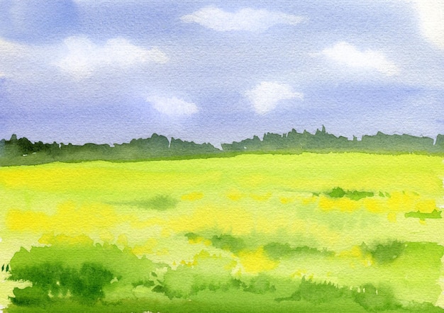 Watercolor landscape summer field blue sky with clouds handdrawn sketch illustration