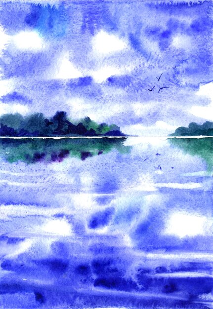 Watercolor landscape with clouds lake and birds