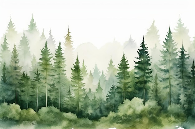 Акварель пейзаж с хвойным лесом и туманом Иллюстрация, нарисованная рукой