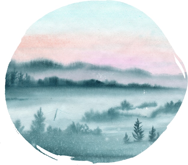 Watercolor landscape with forest in the morning