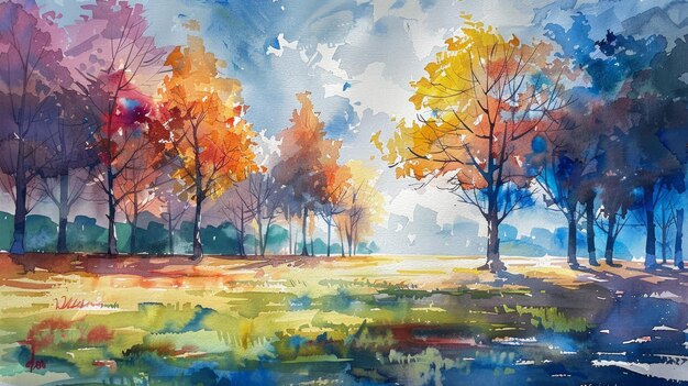 Photo watercolor landscape with lush trees generative ai