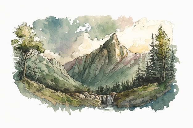 Watercolor landscape with mountains and trees Generative AI
