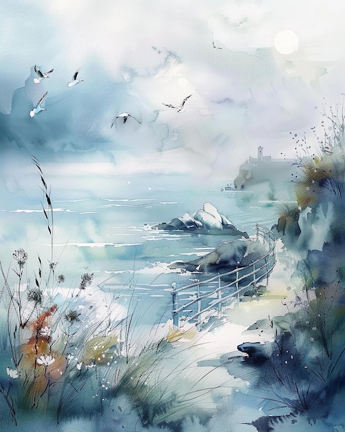 Watercolor landscape with a path leading to the sea and seagulls