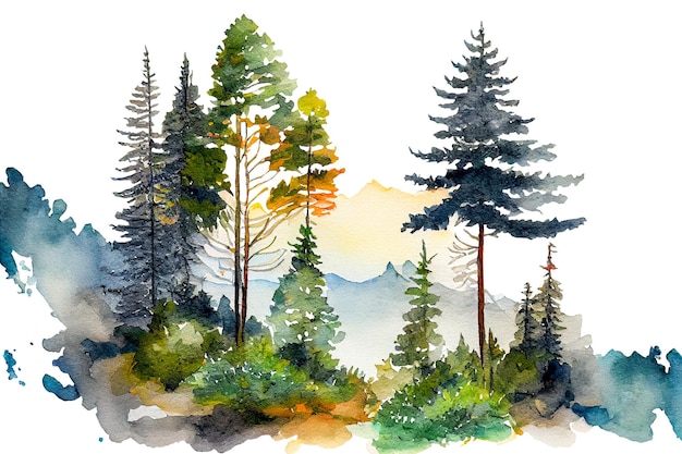 Watercolor landscape with pine and fir trees