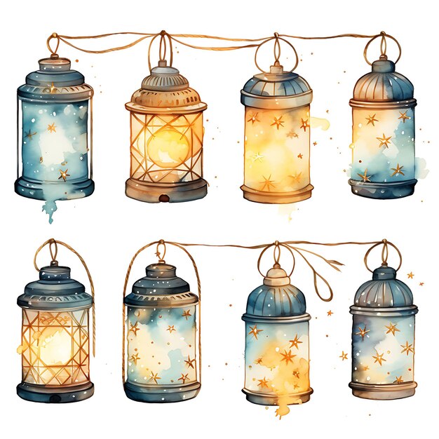 Watercolor of lanterns strings lights jars lantern stands golden sunsets w on white background 2d