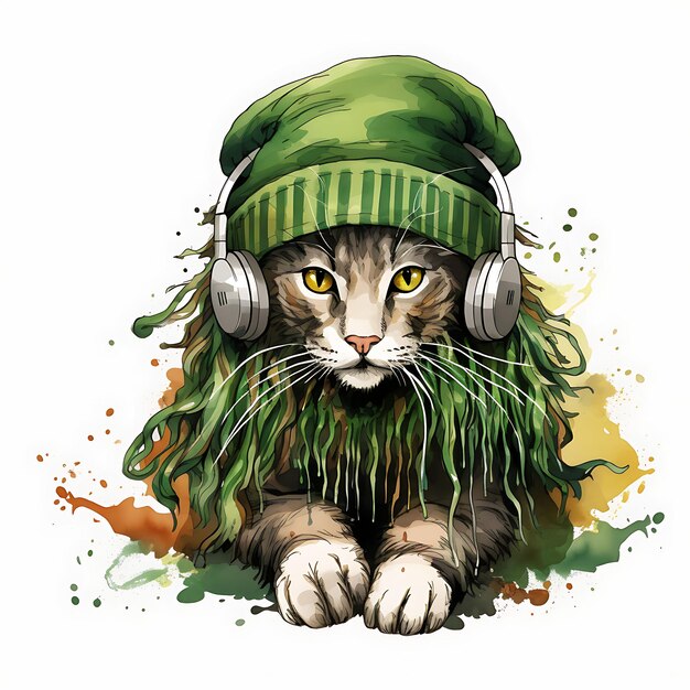 Photo watercolor of laperm cat in a rasta hat reggae outfit green dreadlock bead patrick day clipart