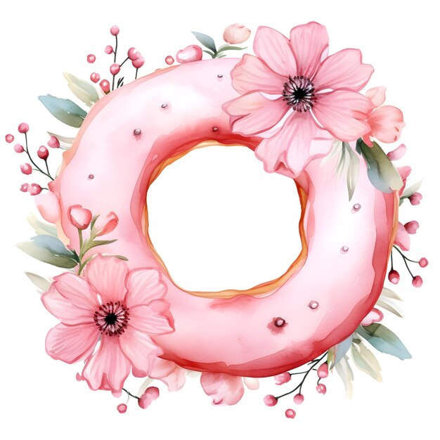 Watercolor Large hand painted doughnut with flowers