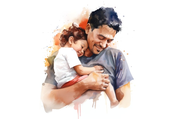 Watercolor of latin father and son hugging against white background Ai generated