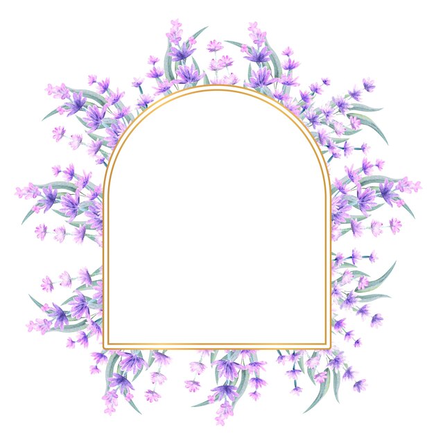 Watercolor lavender flowers in a arched gold frame.