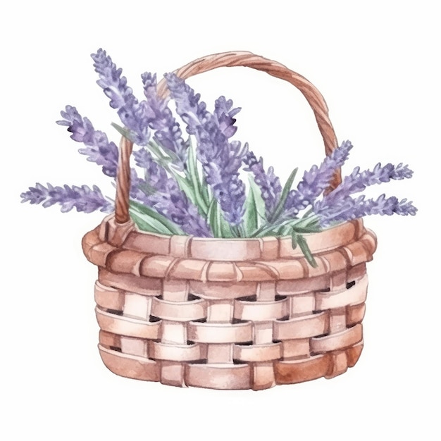 Watercolor lavender flowers in basket Illustration AI Generative