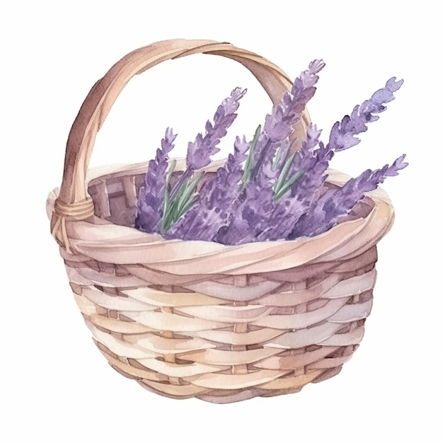 Акварельные цветы лаванды в корзине Иллюстрация AI Generative