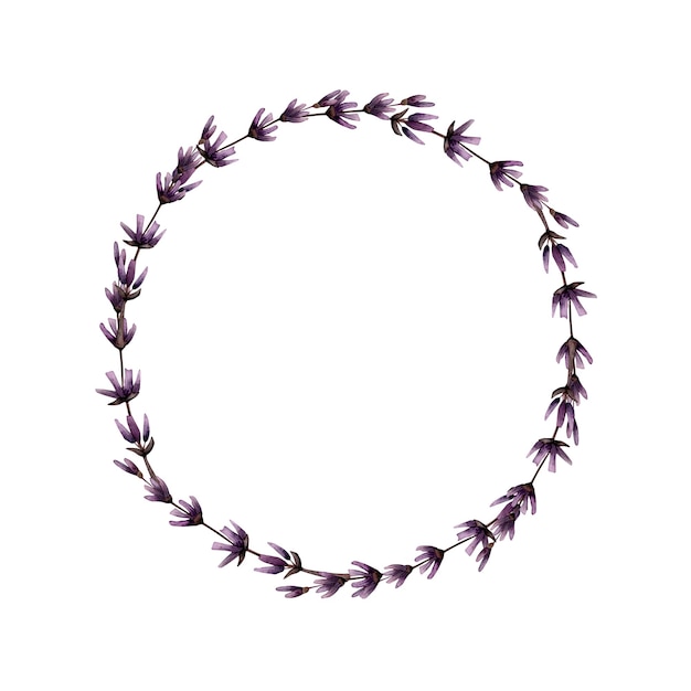 Watercolor lavender wreath thin round frame Hand drawn floral circle design element on white