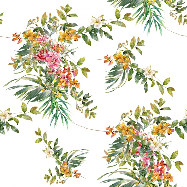 Watercolor leaf and flowers seamless pattern 