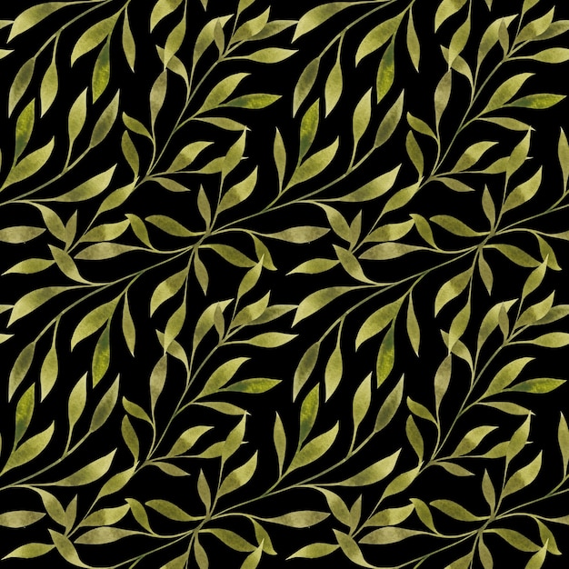 Watercolor leaves branches on black background seamless pattern Elegant floral repeat print