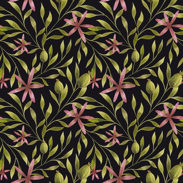 Watercolor leaves branches flowers on black background seamless pattern Floral repeat print