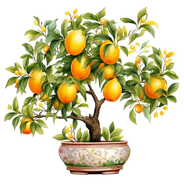 Watercolor Lemon Bonsai Tree Terracotta Pot Glossy Leaves Citrus Concep Clipart Tshirt Isolated