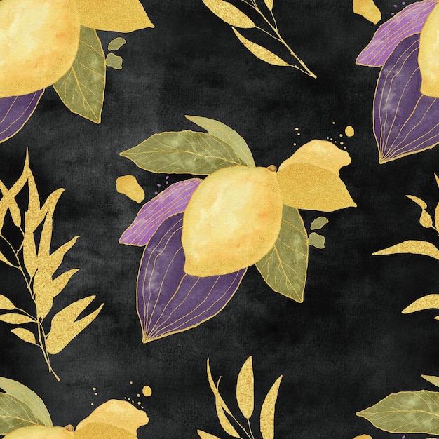 Watercolor lemon with golden glitter on black background seamless pattern