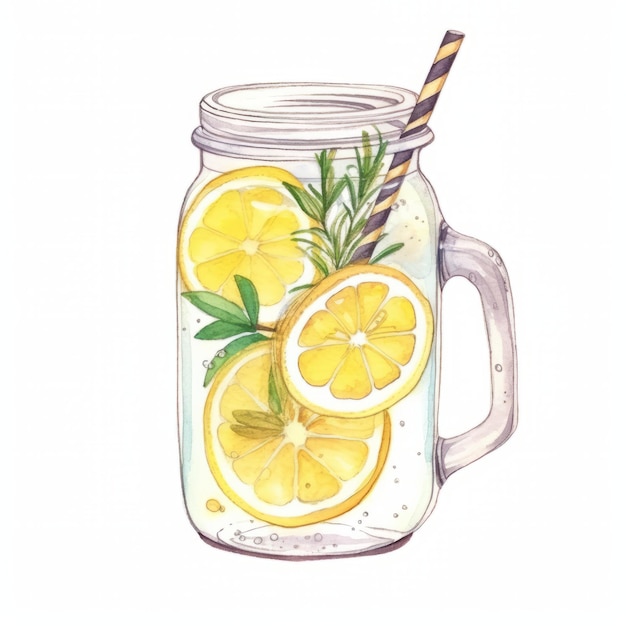 Photo watercolor lemonade in a glass jar hand drawn illustration