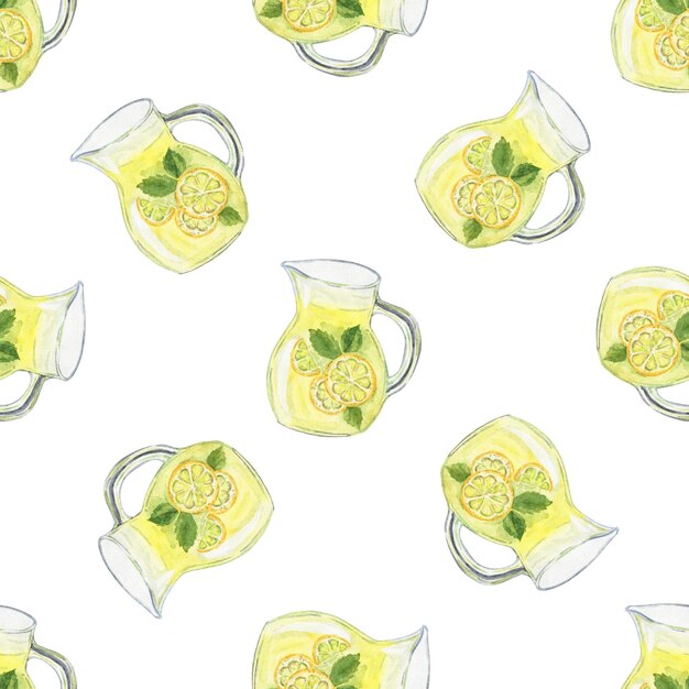 Watercolor lemonade jar seamless pattern on white