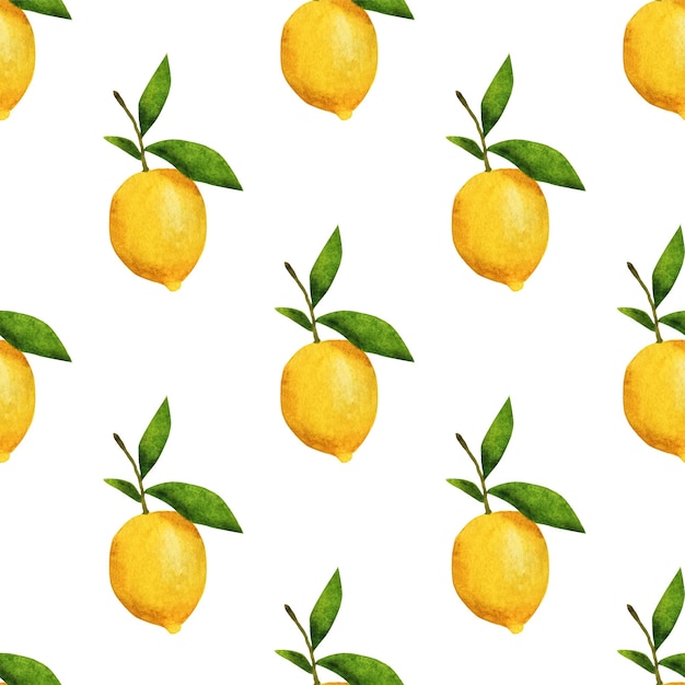 Watercolor lemons with green leaves Seamless pattern