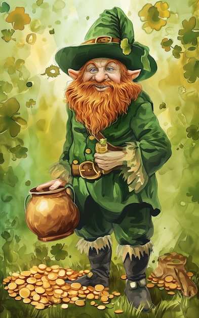 Watercolor Leprechaun illustration with pot of gold