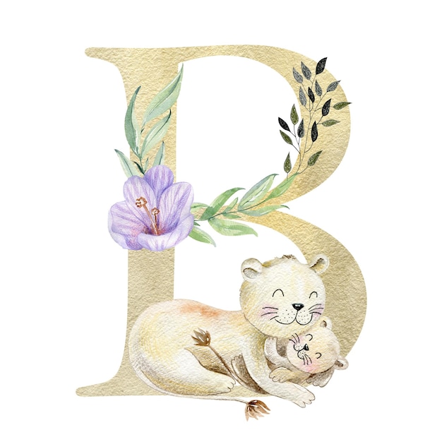 watercolor letter b with mom and baby