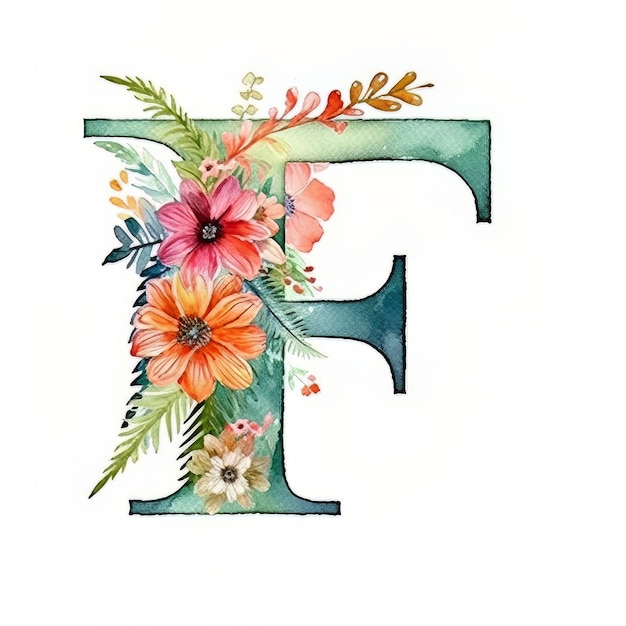 A watercolor letter f with flowers and leaves.