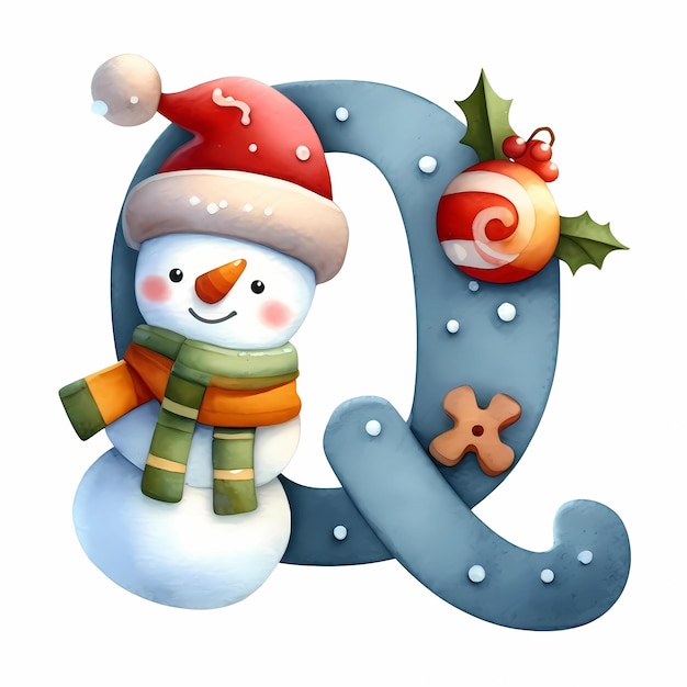 Photo watercolor letter q with snowman decoration