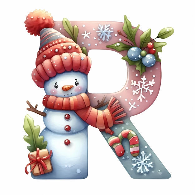 акварельная буква R с украшением снежного человека