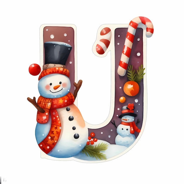 Photo watercolor letter u with snowman decoration