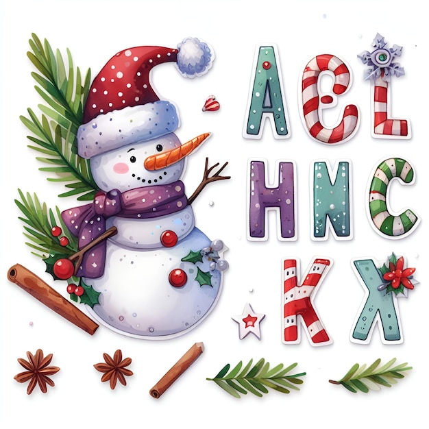 watercolor letter Y with snowman decoration