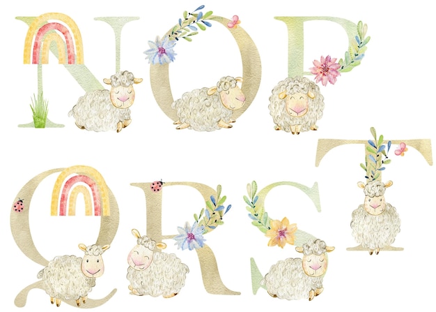 Watercolor letters with sheeps for invitation card nursery poster and other