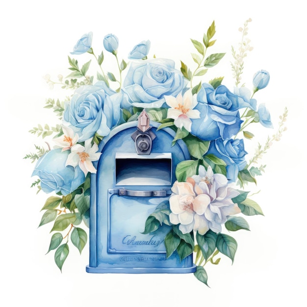 Watercolor light blue floral mailbox on a white background