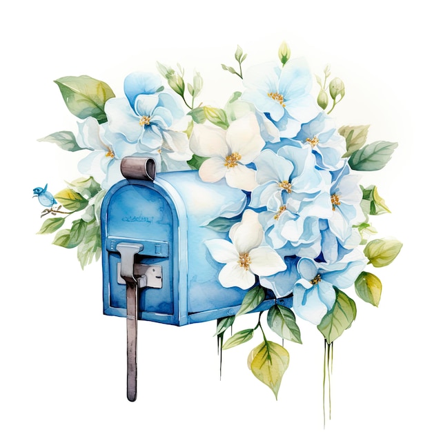 Watercolor light blue floral mailbox on a white background