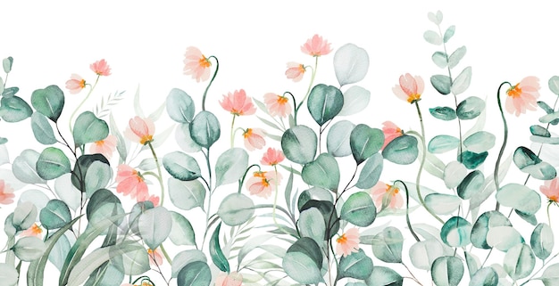watercolor light green eucaliptus branches leaves and pink wildflowers seamless border illustration