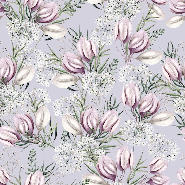 Watercolor light pink flowers pattern on light lavender background