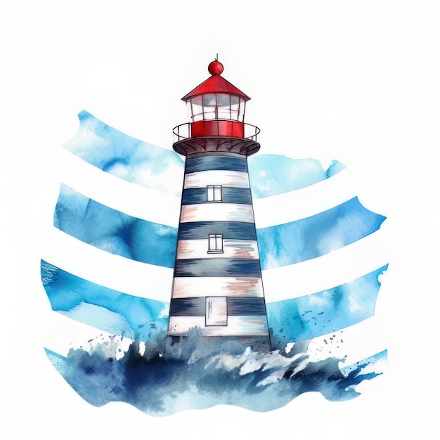 Акварельный маяк на острове Ручная иллюстрация на белом фоне