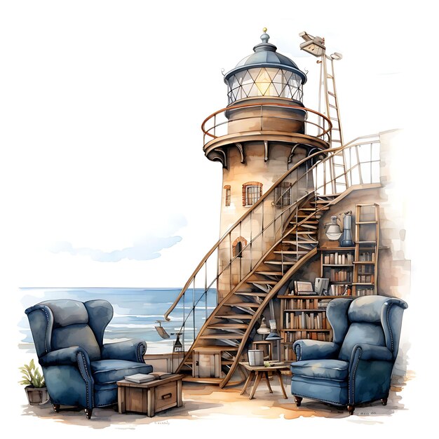 Photo watercolor of lighthouse library reading loft in malta with pastizzi light cozy place flat tshirt