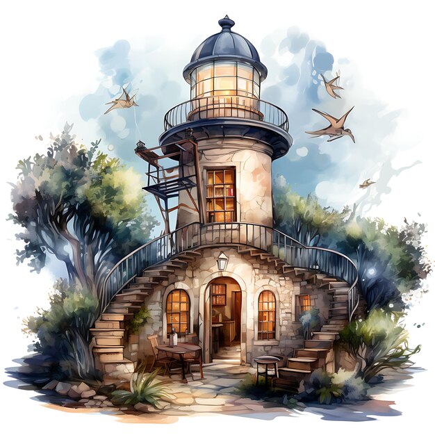 Watercolor of Lighthouse Library Reading Loft in Malta With Pastizzi Light Cozy Place Flat Tshirt