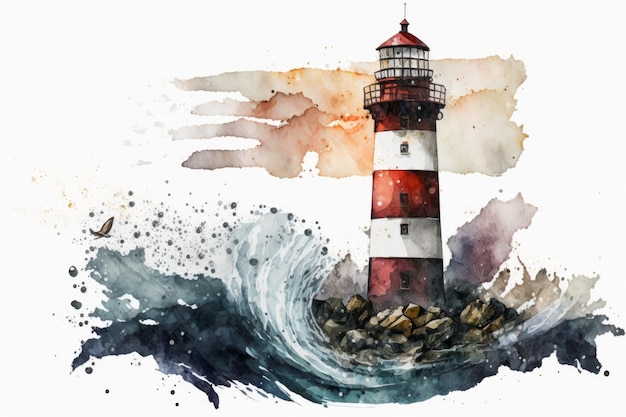 A watercolor lighthouse painting with a wave crashing into it