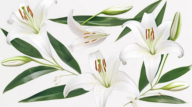 Watercolor lily flowers and green leaves